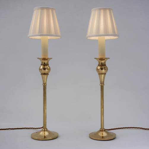 Arts & Crafts candlestick pair table lamps Robert Jarvie style, brass, 1970`s ca, English